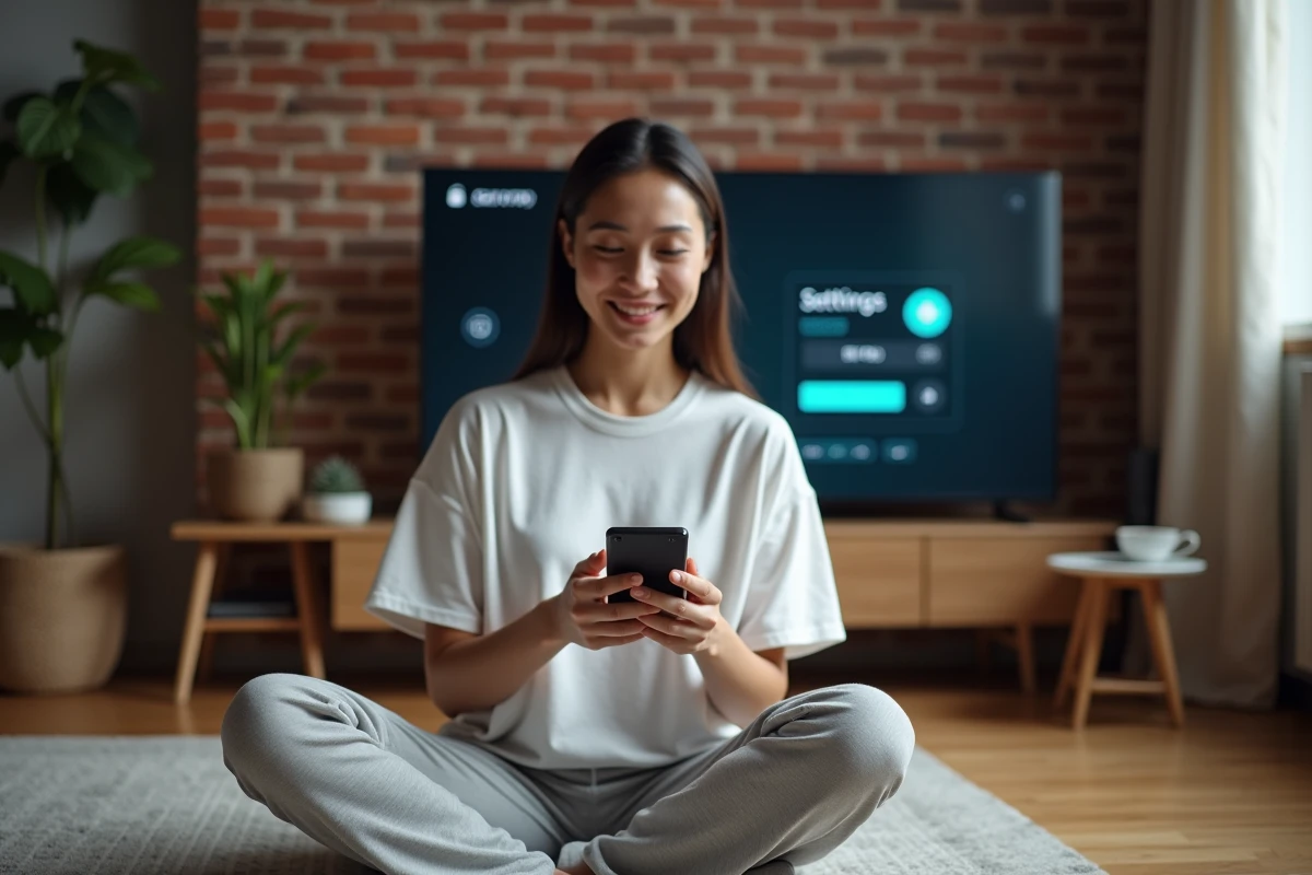 Jeune femme utilisant son smartphone pour retrouver le code de sa Smart TV en mode paramètres