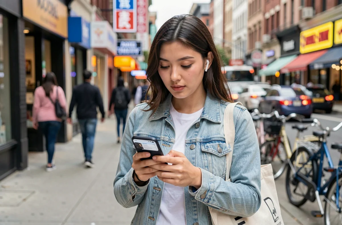 Jeune femme consultant les actualités et tendances sur son smartphone dans une rue animée