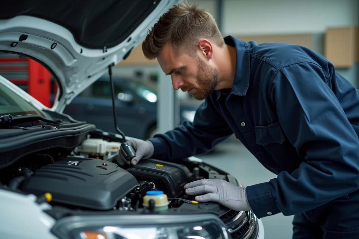 Mécanicien inspectant un moteur 1.6 HDi DV6 dans le compartiment moteur d'une Citroën C4