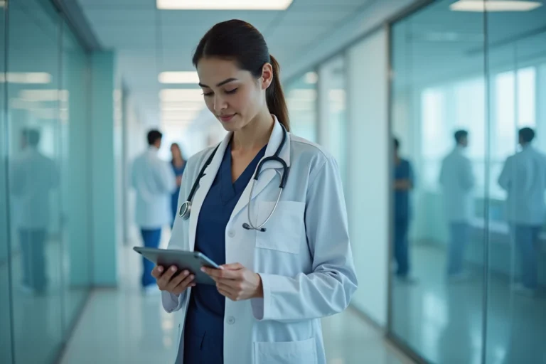 Médecin femme en blouse blanche consultant une tablette numérique dans un couloir d'hôpital moderne, illustrant les solutions technologiques pour les professionnels de santé