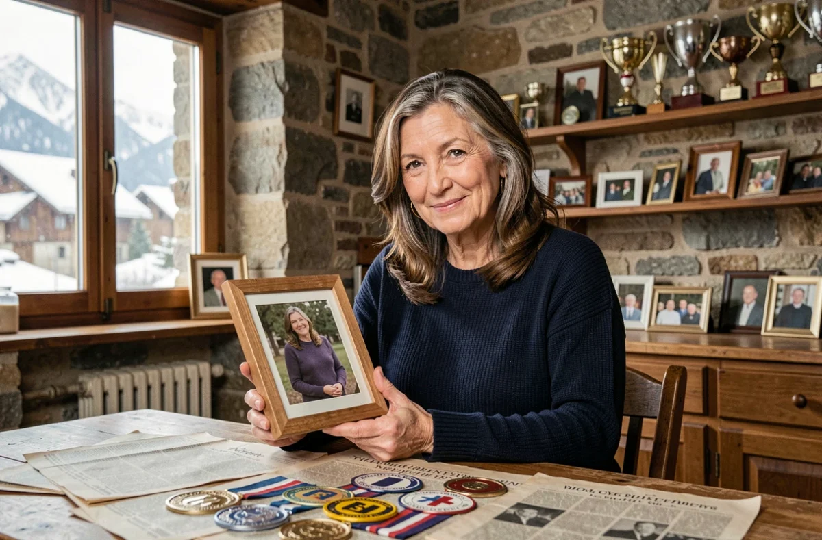 Mère d'un champion de ski freestyle tenant fièrement une photo encadrée entourée de trophées dans une maison de montagne française