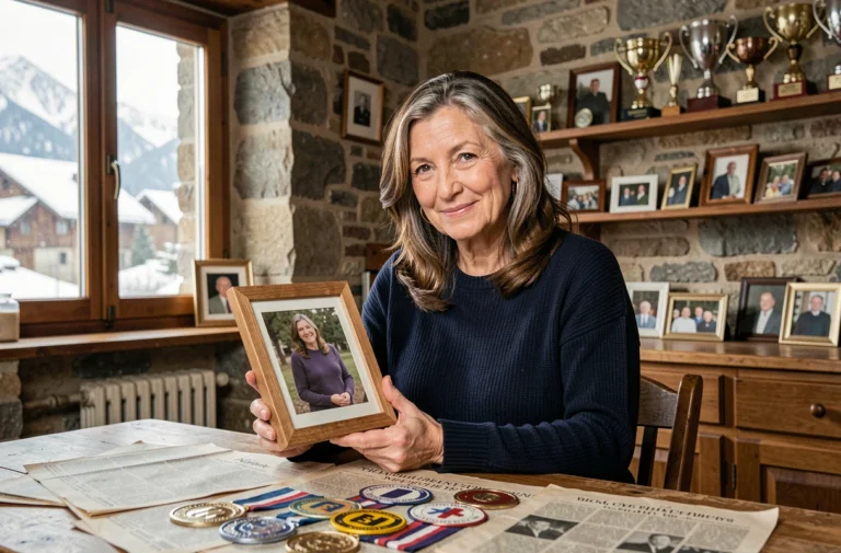 Mère d'un champion de ski freestyle tenant fièrement une photo encadrée entourée de trophées dans une maison de montagne française