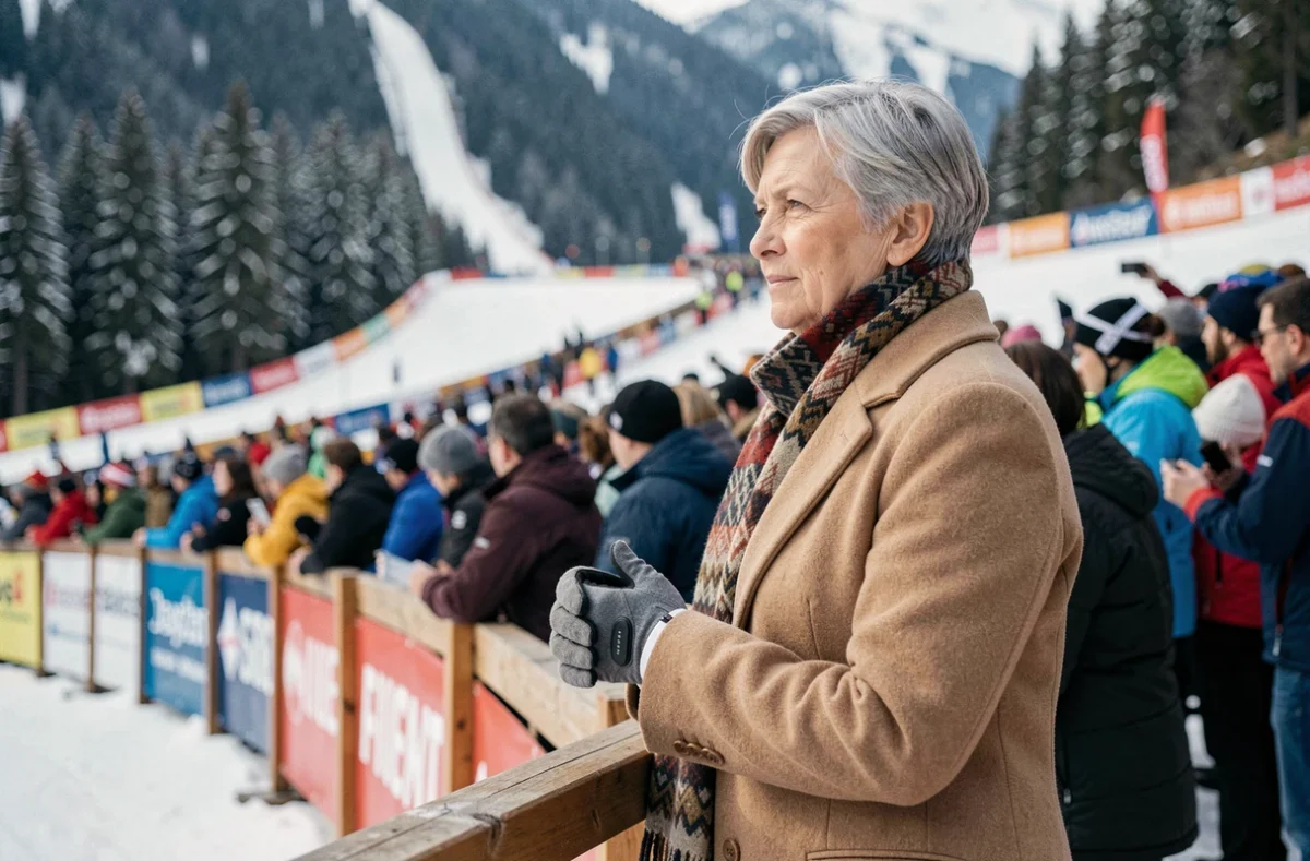 Mère attentive regardant une compétition de ski freestyle en bord de piste dans une station alpine enneigée