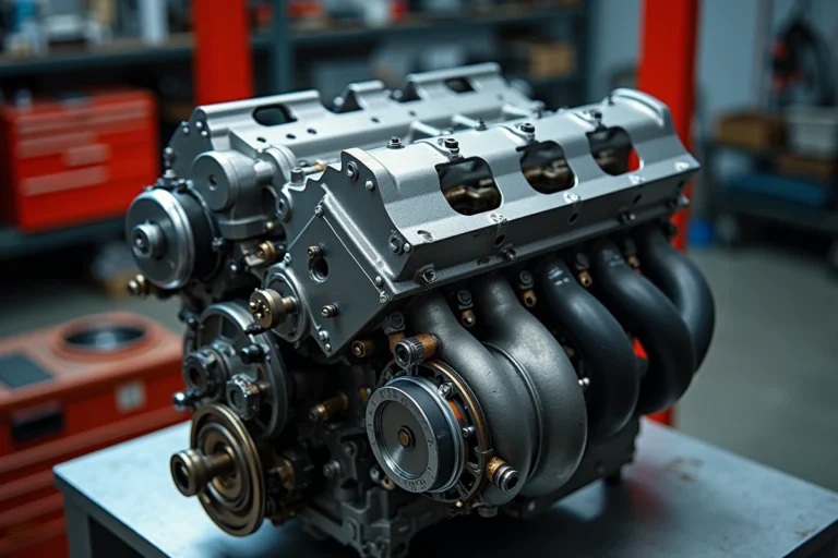 Moteur DV6 1.6 HDi posé sur un établi de garage avec turbo et rampe d'injection visibles