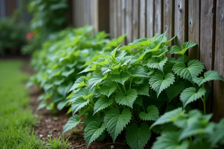 Patch d'orties sauvages envahissant un jardin le long d'une clôture en bois, illustration des mauvaises herbes résistantes au jardin