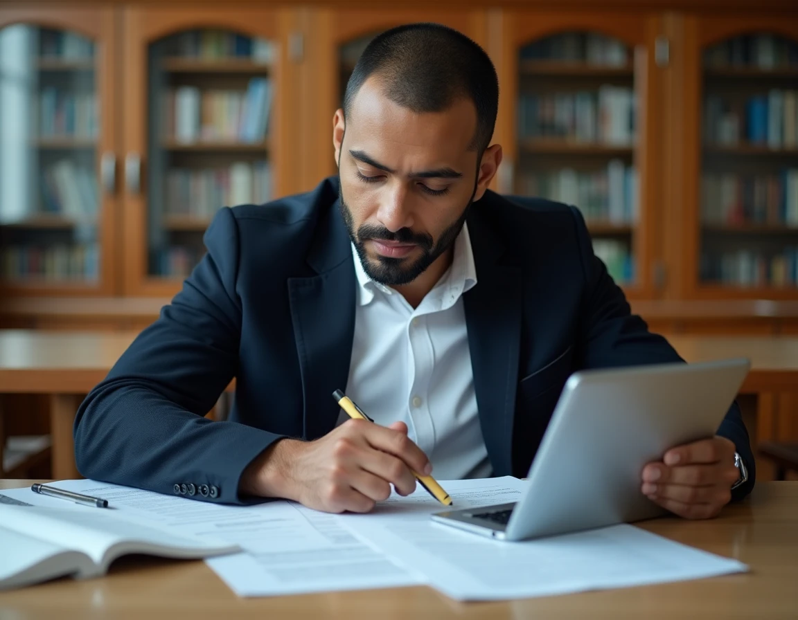 Homme préparant un concours administratif avec des documents et une tablette affichant un formulaire d'inscription en ligne