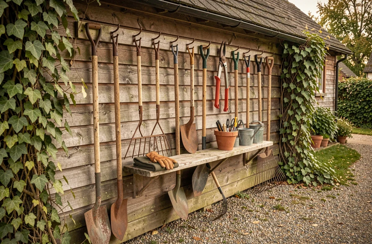 Rangement d'outils de jardin organisés sur un mur de cabanon en bois avec râteaux, bêches et sécateurs