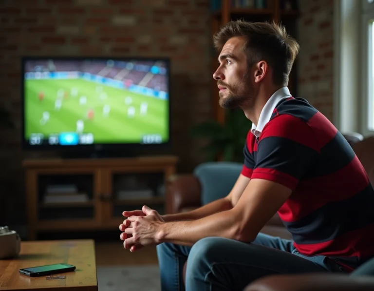 Homme regardant un match de Top 14 de rugby sur sa télévision à domicile sans abonnement Canal Plus