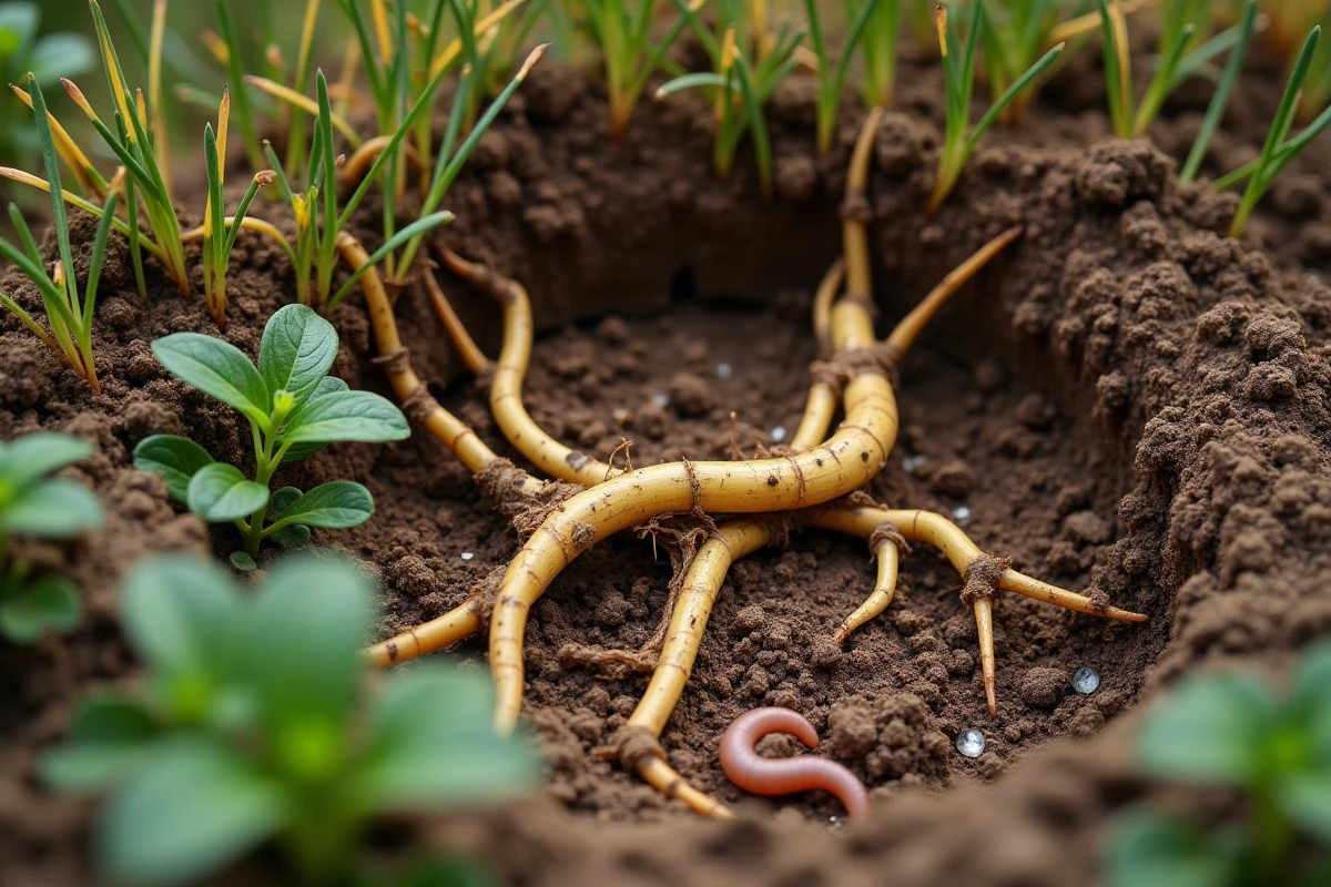 Sol de jardin abîmé avec des racines mortes et une végétation décolorée suite à un traitement chimique inadapté, symbolisant les dégâts de la javel sur l'écosystème du jardin