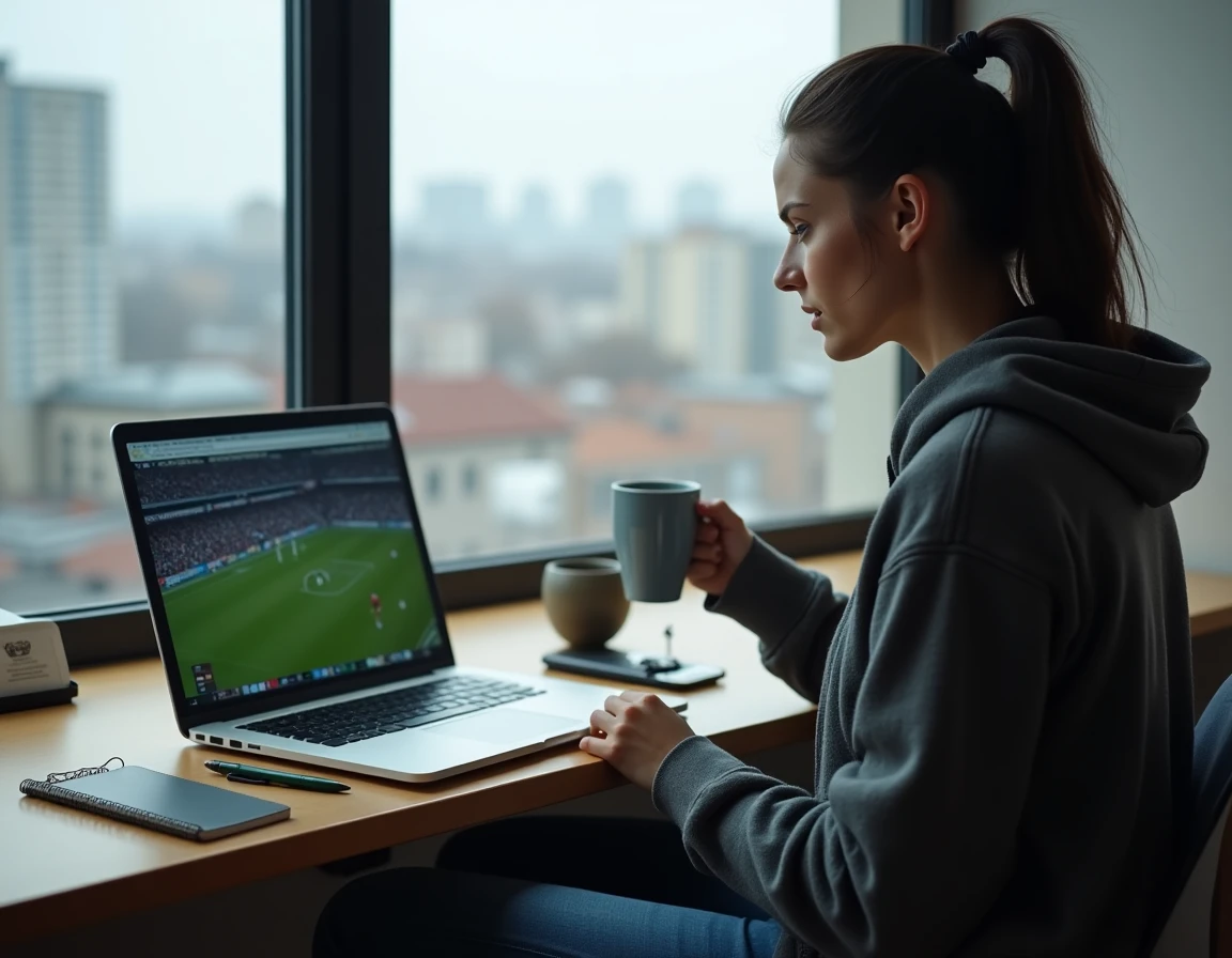 Femme suivant le Top 14 de rugby en streaming sur ordinateur portable comme alternative à Canal Plus