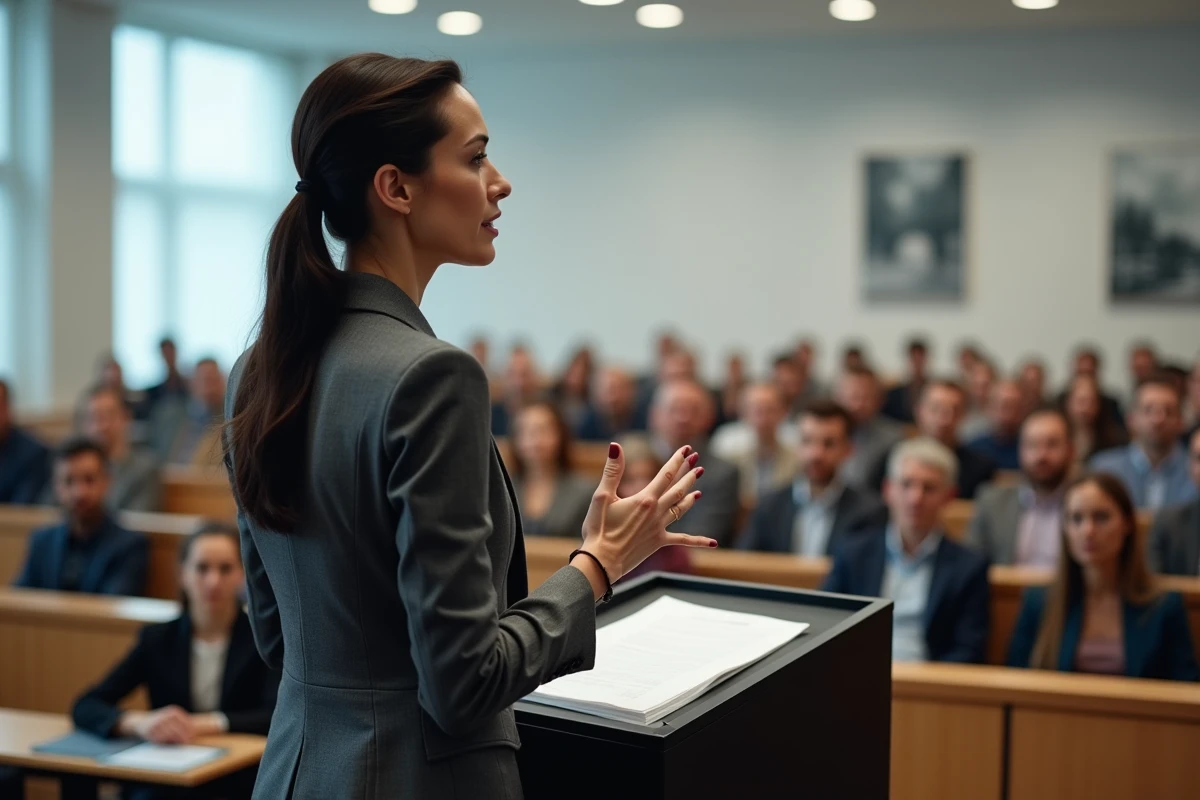 Femme professionnelle prenant la parole lors d'une conférence, illustrant l'influence et le parcours remarquable de Veronika Thielova
