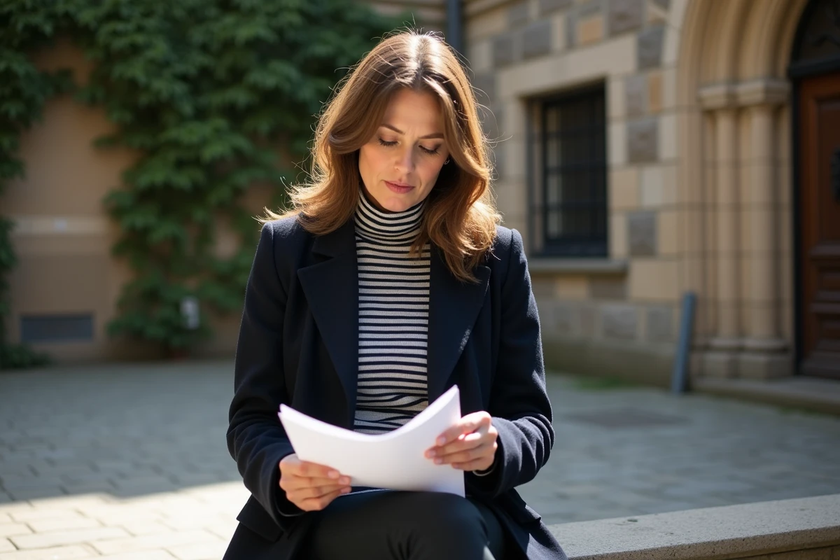 Femme accomplie lisant des documents dans une cour intérieure européenne, symbole du parcours biographique et de l'héritage intellectuel de Veronika Thielova