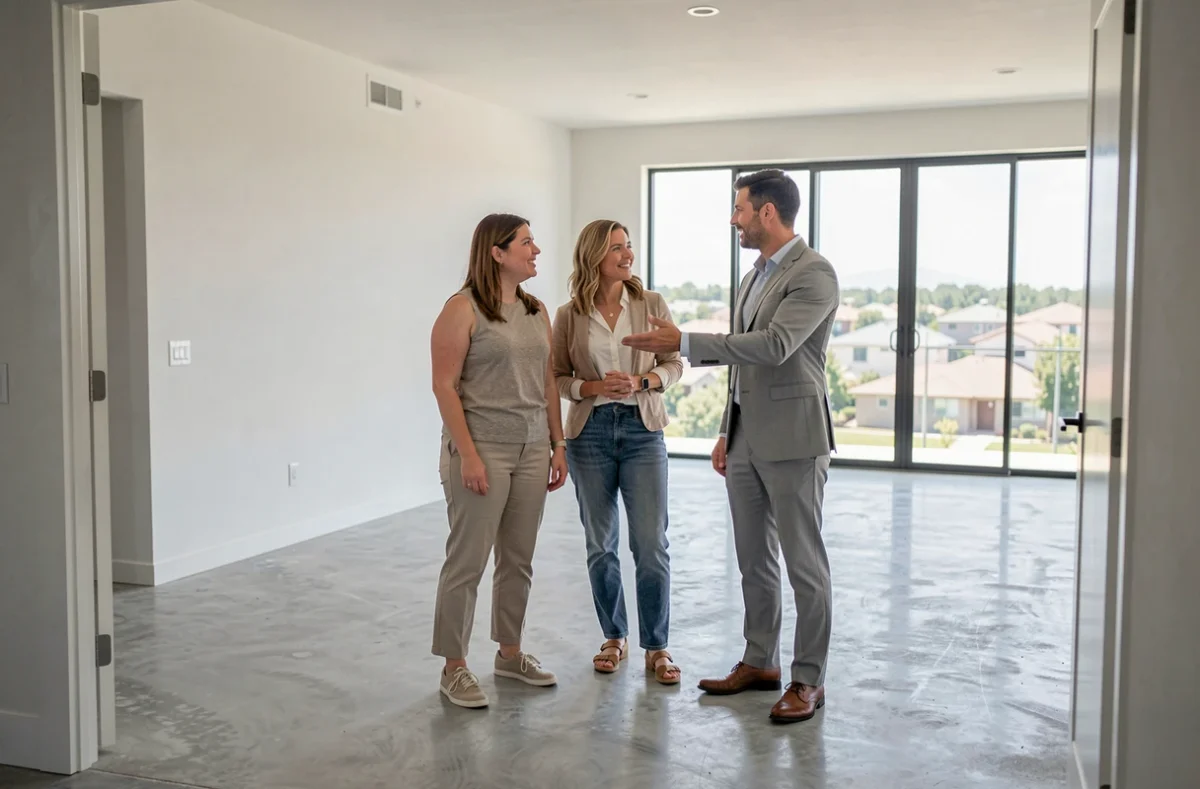 Couple visitant un appartement vide avec un agent LT Immobilier lors d'une visite immobilière